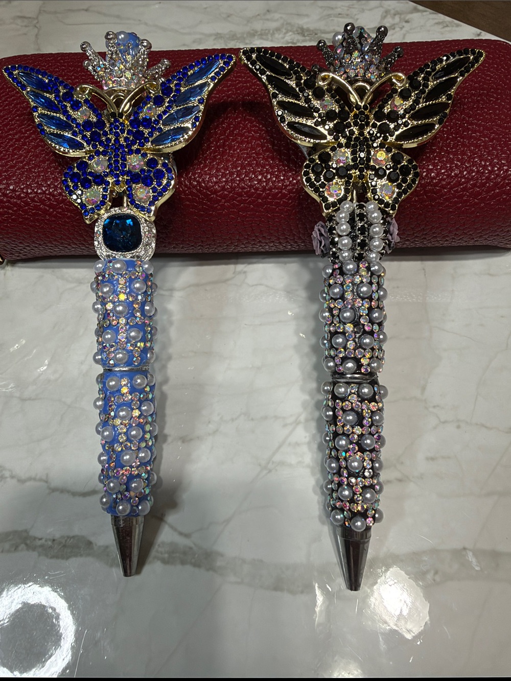 Set of 2 Crystal Butterfly Ballpoint Pen - Blue and Black Rhinestone Accents